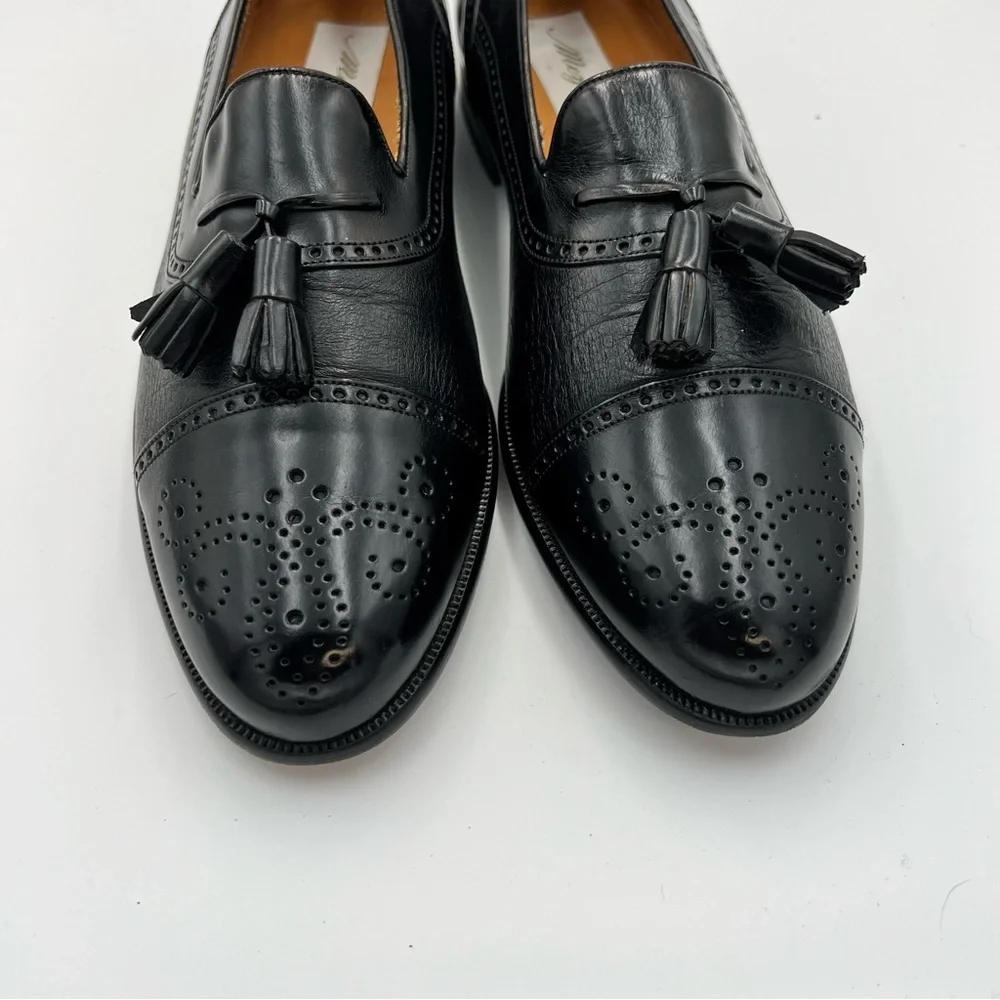 Meylan Tassel Loafers 8.5B Black Leather Cap Toe Brogue Made in Spain